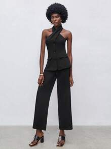 Maija Button Front Halter Top & Pants - Black - View 7