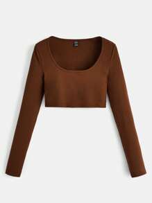 SHEIN BASICS White Knit Women's Slim Fit Crop Top With  Letter & Heart Pattern - Coffee Brown - View 7