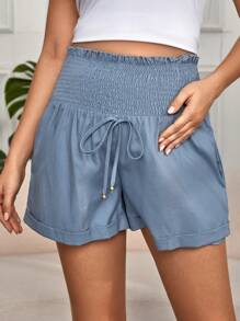 SHEIN Maternity Paperbag Waist Tie Front Shorts - Blue - View 1