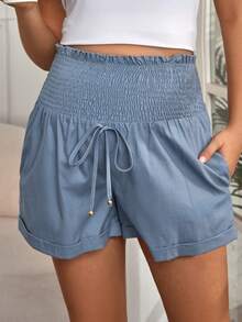 SHEIN Maternity Paperbag Waist Tie Front Shorts - Blue - View 4