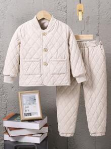 Young Boy Dual Pocket Quilted Coat & Pants - Apricot - View 1
