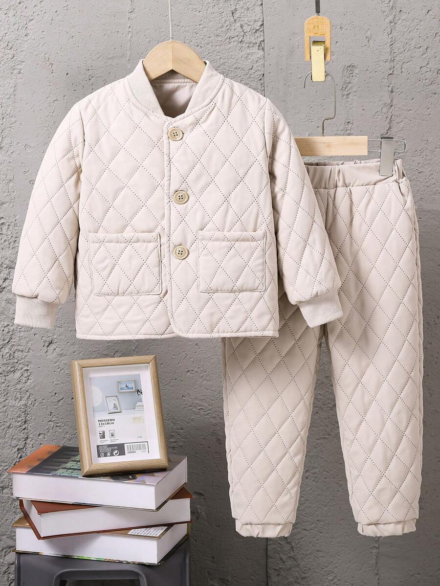 Young Boy Dual Pocket Quilted Coat & Pants - Apricot - View 1