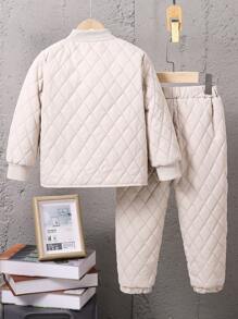 Young Boy Dual Pocket Quilted Coat & Pants - Apricot - View 2