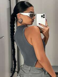 SHEIN ICON Letter Patched Detail Mock Neck High Cut Tank Summer Bodysuit - Grey - View 2