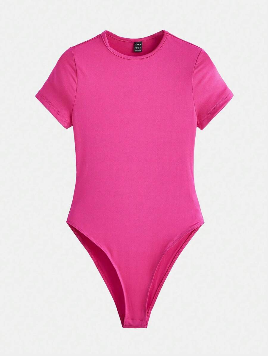 SHEIN BASICS 1pc Solid Slim Fit Bodysuit/Summer - Hot Pink - View 1