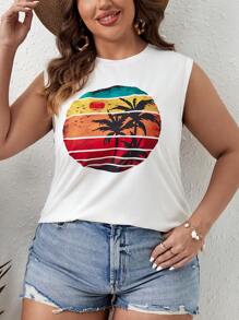 SHEIN VCAY 大碼熱帶圖案背心上衣 - 白色 - 查看 1