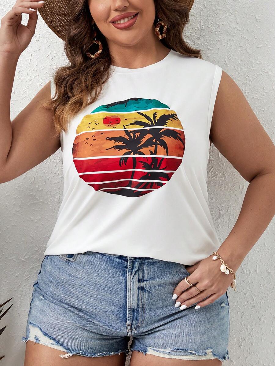 SHEIN VCAY 大碼熱帶圖案背心上衣 - 白色 - 查看 1