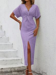 SHEIN Clasi Twist Front Split Thigh Dress - Mauve Purple - View 1