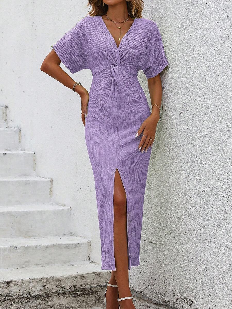 SHEIN Clasi Twist Front Split Thigh Dress - Mauve Purple - View 1