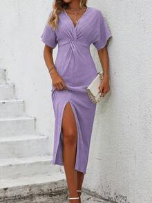 SHEIN Clasi Twist Front Split Thigh Dress - Mauve Purple - View 7