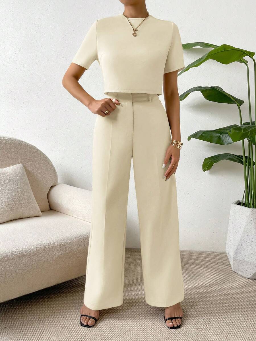 SHEIN Essnce unicolor de espalda con abertura de ojo Blusa & Pantalones de pierna ancha - Albaricoque - Ver 1