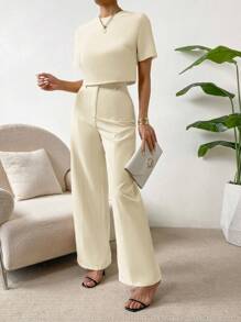 SHEIN Essnce unicolor de espalda con abertura de ojo Blusa & Pantalones de pierna ancha - Albaricoque - Ver 3