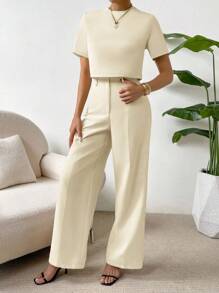 SHEIN Essnce unicolor de espalda con abertura de ojo Blusa & Pantalones de pierna ancha - Albaricoque - Ver 4
