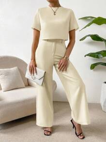 SHEIN Essnce unicolor de espalda con abertura de ojo Blusa & Pantalones de pierna ancha - Albaricoque - Ver 5