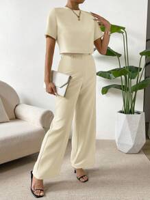 SHEIN Essnce unicolor de espalda con abertura de ojo Blusa & Pantalones de pierna ancha - Albaricoque - Ver 6