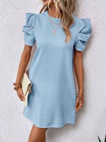 SHEIN Clasi Solid Puff Sleeve Tunic Dress