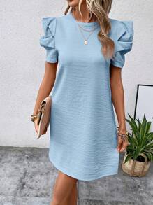 SHEIN Clasi Solid Puff Sleeve Tunic Dress