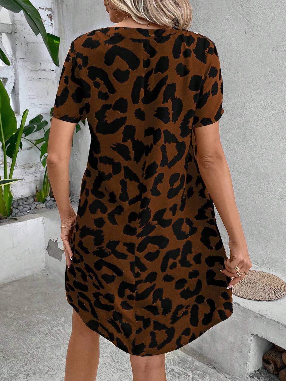 Leopard Print Notched Neckline Dress,Casual