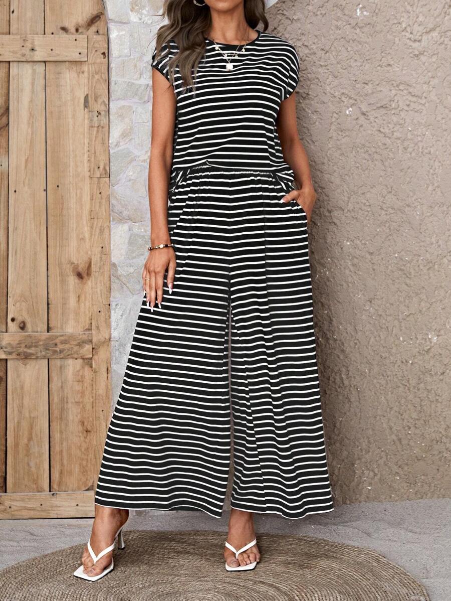 SHEIN LUNE Striped Batwing Sleeve Tee & Wide Leg Pants