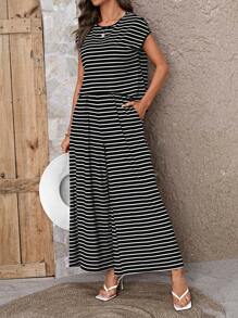 SHEIN LUNE Striped Batwing Sleeve Tee & Wide Leg Pants