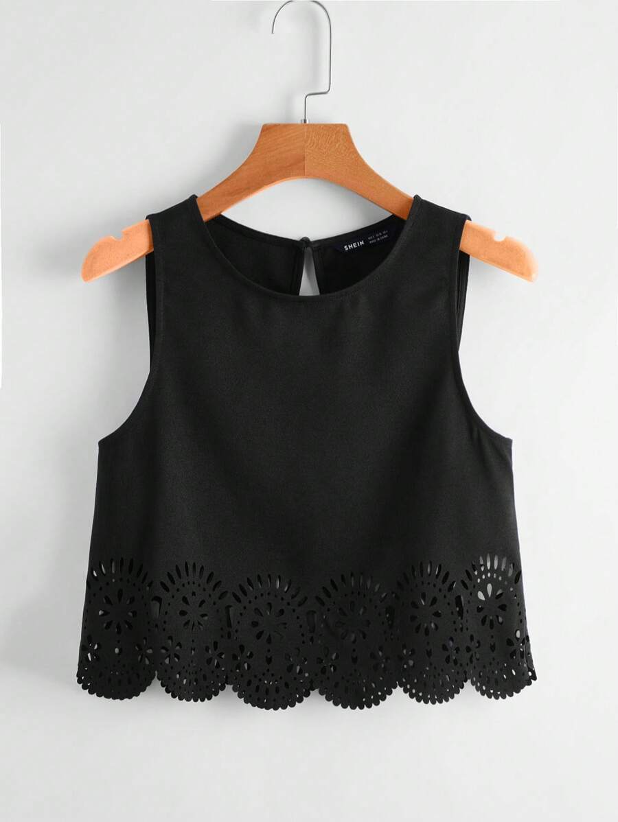 SHEIN LUNE 鏤空貝殼邊背心上衣 - 黑色 - 查看 1