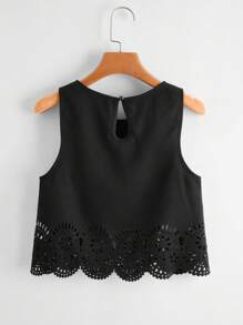SHEIN LUNE 鏤空貝殼邊背心上衣 - 黑色 - 查看 2