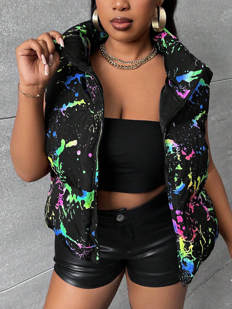 Slaydiva Plus Splash Ink Print Zip Up Vest Padded Coat - Multicolor - View 1