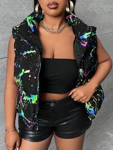 Slaydiva Plus Splash Ink Print Zip Up Vest Padded Coat - Multicolor - View 3