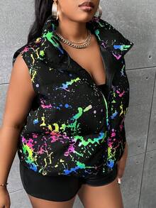 Slaydiva Plus Splash Ink Print Zip Up Vest Padded Coat - Multicolor - View 4
