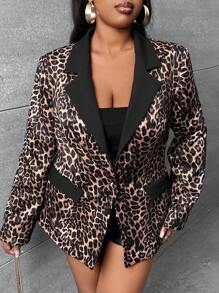 Slaydiva 大碼豹紋印花西裝領西裝外套 - 彩色 - 查看 1