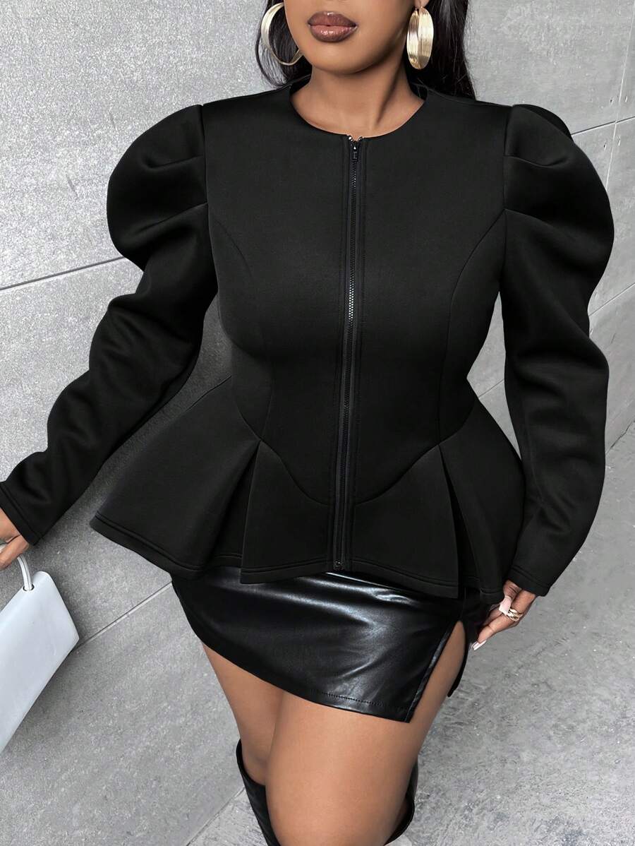 Slaydiva SLAYR PLUS - Áo khoác dáng chữ A cỡ lớn thanh lịch cơ bản - Áo len dệt kim co giãn màu trơn cổ tròn tay bồng có khóa kéo eo bó - màu đen - Xem 1