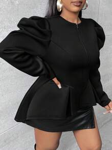 Slaydiva SLAYR PLUS - Áo khoác dáng chữ A cỡ lớn thanh lịch cơ bản - Áo len dệt kim co giãn màu trơn cổ tròn tay bồng có khóa kéo eo bó - màu đen - Xem 6