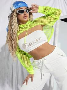 SHEIN SXY 秋冬霓虹绿渔网抽绳超短款连帽衫（无抹胸） - 青檸色 - 查看 4