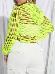 SHEIN SXY 秋冬霓虹绿渔网抽绳超短款连帽衫（无抹胸） - 青檸色 - 查看 2