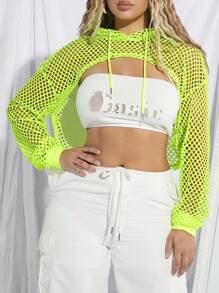 SHEIN SXY 秋冬霓虹绿渔网抽绳超短款连帽衫（无抹胸） - 青檸色 - 查看 5