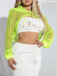 SHEIN SXY 秋冬霓虹绿渔网抽绳超短款连帽衫（无抹胸） - 青檸色 - 查看 6