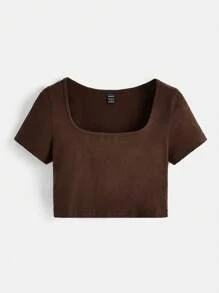 SHEIN BASICS 1 Miếng Cổ vuông Áo phông trơn - Cà phê nâu - Xem 6