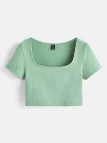 SHEIN BASICS 1件方領純色t恤 - 薄荷綠 - 查看 6