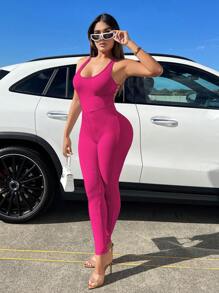 SHEIN SXY 交叉露背褶邊彈力緊身連體褲 - 玫紅色 - 查看 3