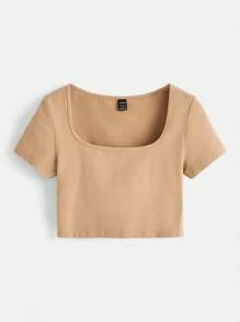SHEIN BASICS 1pc Square Neck Solid Tee - Khaki - View 7