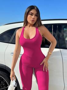 SHEIN SXY 交叉露背褶邊彈力緊身連體褲 - 玫紅色 - 查看 4