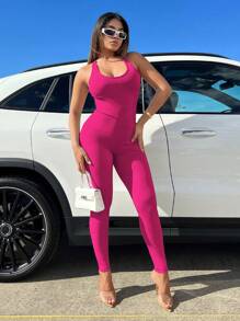 SHEIN SXY 交叉露背褶邊彈力緊身連體褲 - 玫紅色 - 查看 5