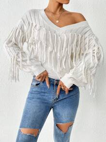 Chiquease Fringe Trim Drop Shoulder Sweater Knit Pullover Fall Winter Outfit - Apricot - View 1