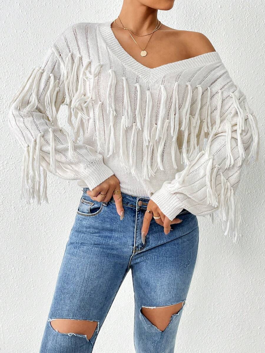Chiquease Fringe Trim Drop Shoulder Sweater Knit Pullover Fall Winter Outfit - Apricot - View 1