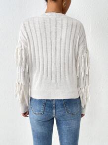 Chiquease Fringe Trim Drop Shoulder Sweater Knit Pullover Fall Winter Outfit - Apricot - View 2
