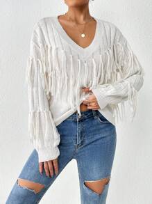 Chiquease Fringe Trim Drop Shoulder Sweater Knit Pullover Fall Winter Outfit - Apricot - View 3