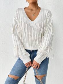 Chiquease Fringe Trim Drop Shoulder Sweater Knit Pullover Fall Winter Outfit - Apricot - View 4