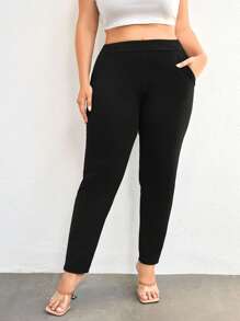 SHEIN Cottnline Plus Solid Slant Pocket Pants - Black - View 1