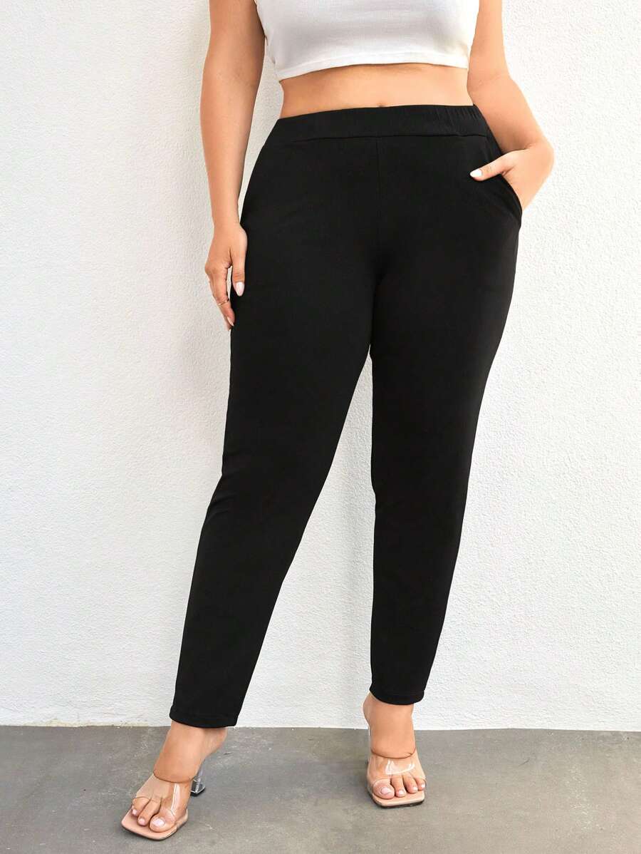SHEIN Cottnline Plus Solid Slant Pocket Pants - Black - View 1