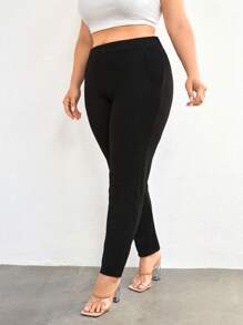 SHEIN Cottnline Plus Solid Slant Pocket Pants - Black - View 4